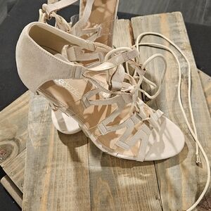 Beige Lace-Up Heeled Sandals by Shoe Dazzle